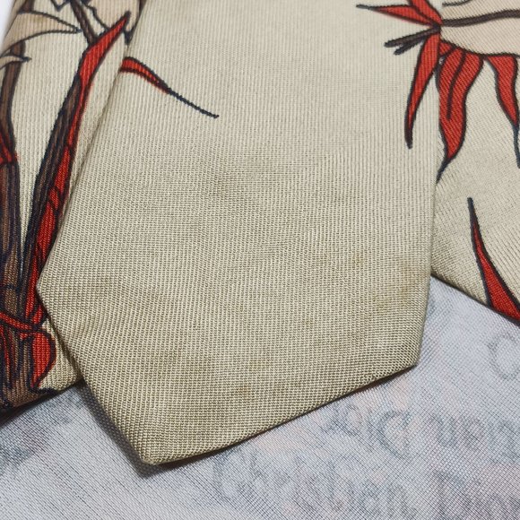 VTG Christian Dior Cravates Men's Silk Tie Tan Rust Yellow Cattails Plants 54" - Picture 6 of 8